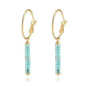 Gold Huggie Hoop Earrings Turquoise Beads Drop Dangle Gemstone Earrings Women